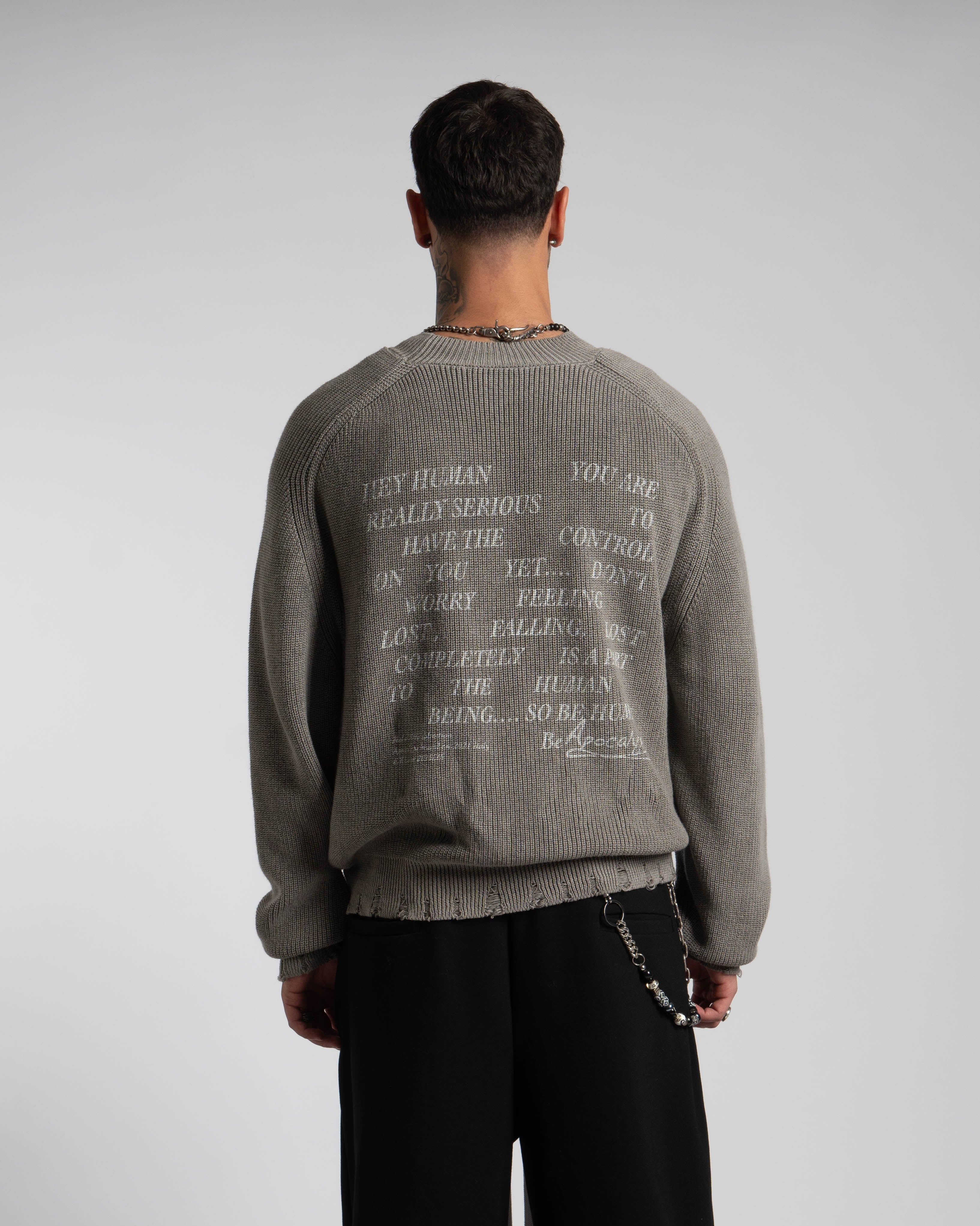 Person wearing a gray sweater with text on the back and black pants against a white background